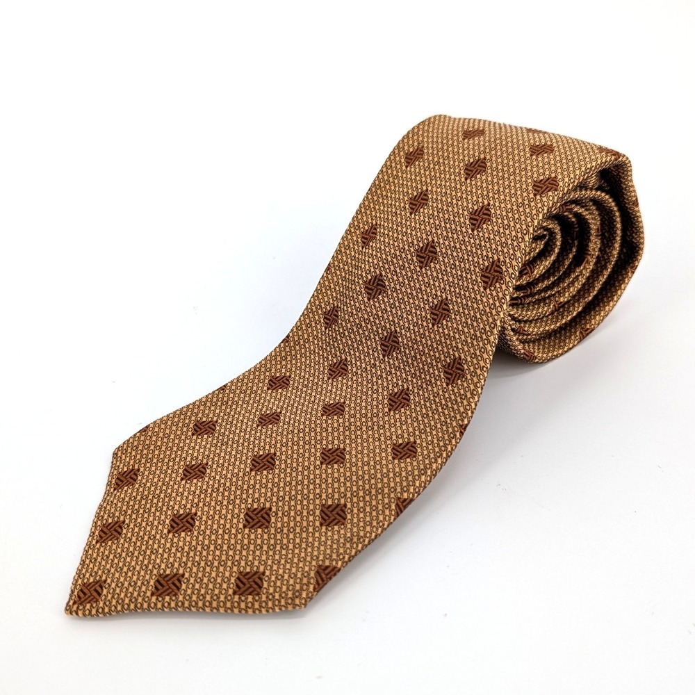 Kiton Napoli Silk Tie Gold Brown Geometric Square Pattern Made in Italy